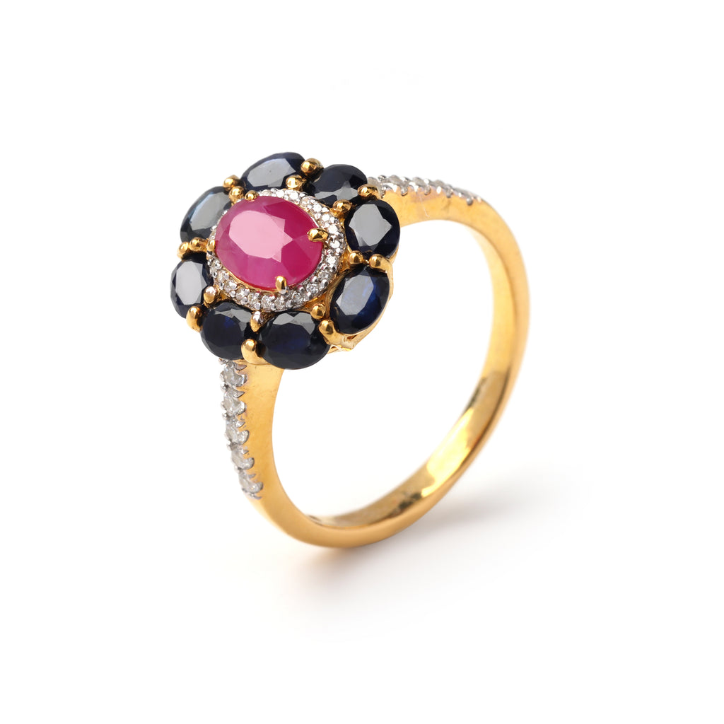Celeste-inspired ruby sapphire cluster ring in gold finish sterling silver by Jewelry by Crimson