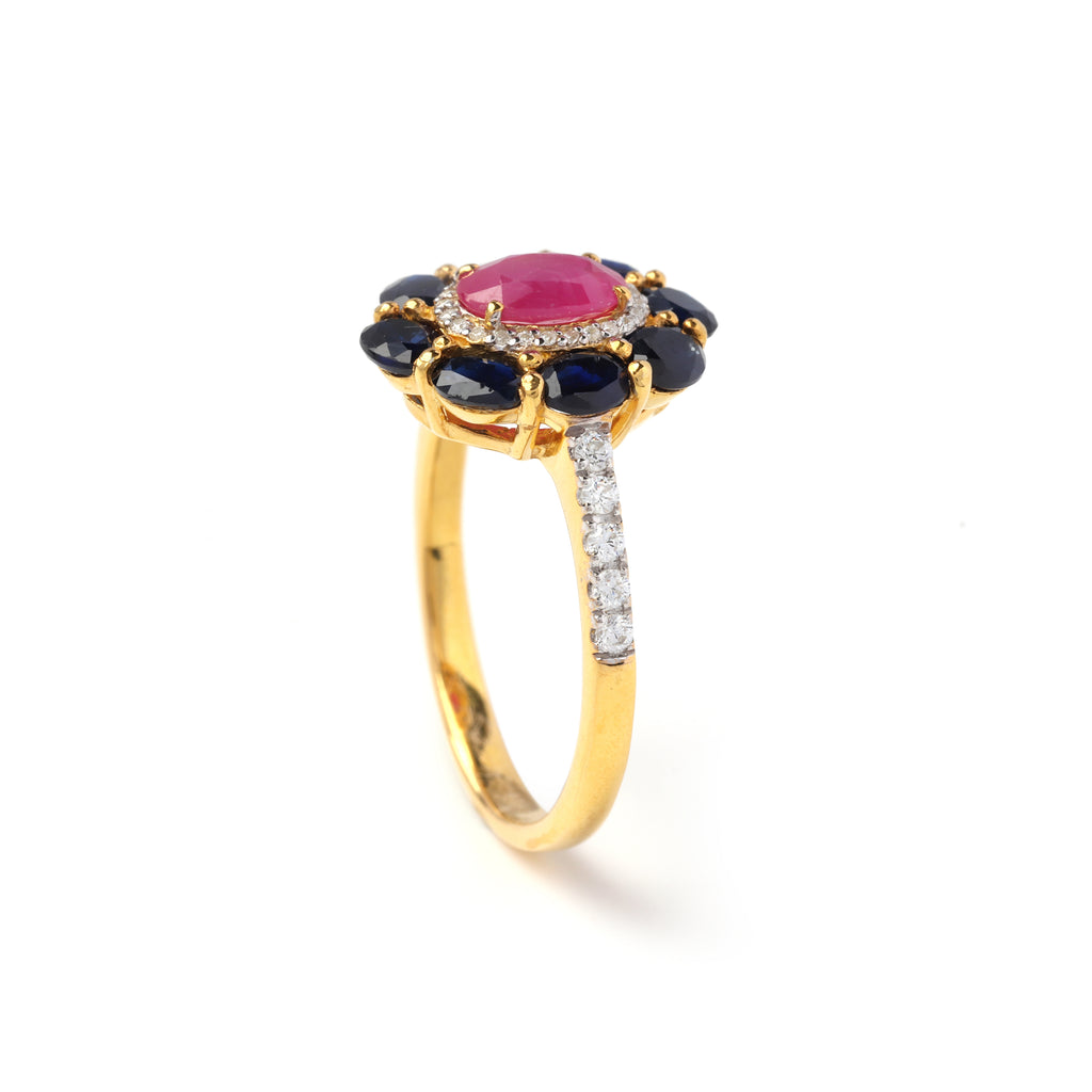 Statement ruby sapphire silver ring with halo design and pavé accents, elegant luxury jewelry