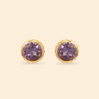Faceted purple gemstone stud earrings in gold-toned setting, handcrafted with elegant design