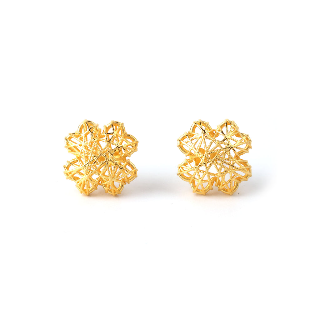 Front view of lightweight hypoallergenic silver floral stud earrings in gold finish by Jewelry by Crimson
