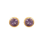 Faceted amethyst stud earrings in gold-toned setting, elegant gemstone jewelry