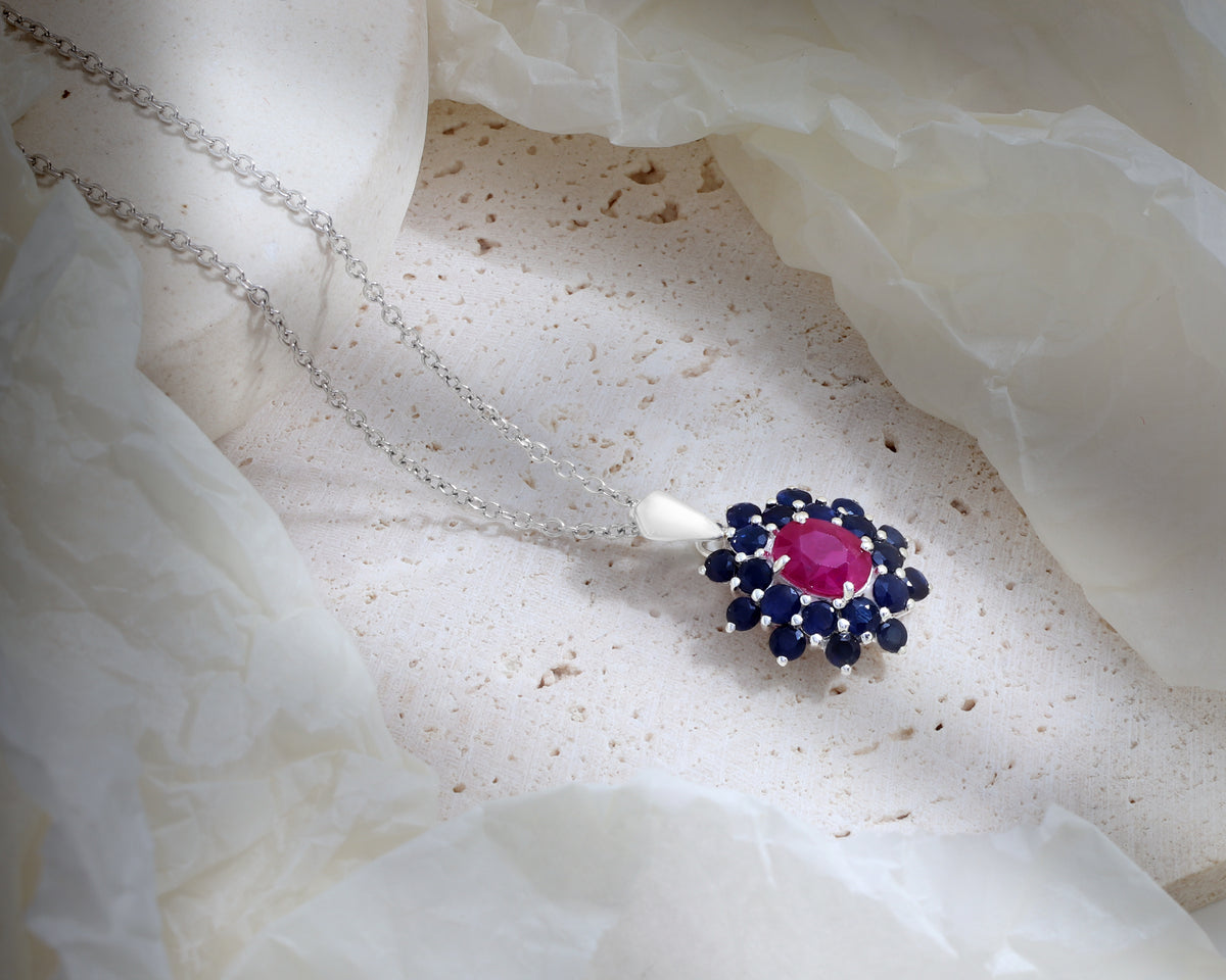 Ruby & Blue Sapphire Flower Cluster Pendant in 925 Sterling Silver