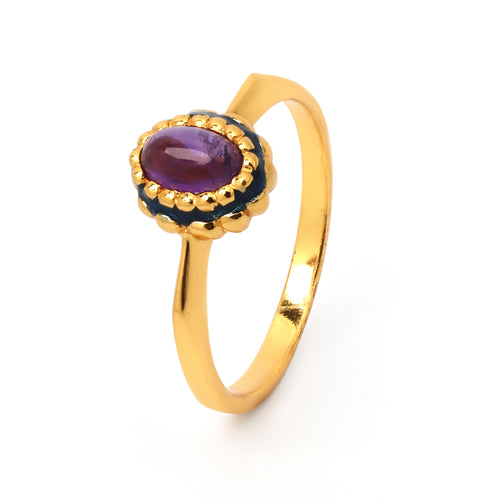 Gold ring with oval amethyst gemstone and blue enamel detail, elegant handcrafted jewelry