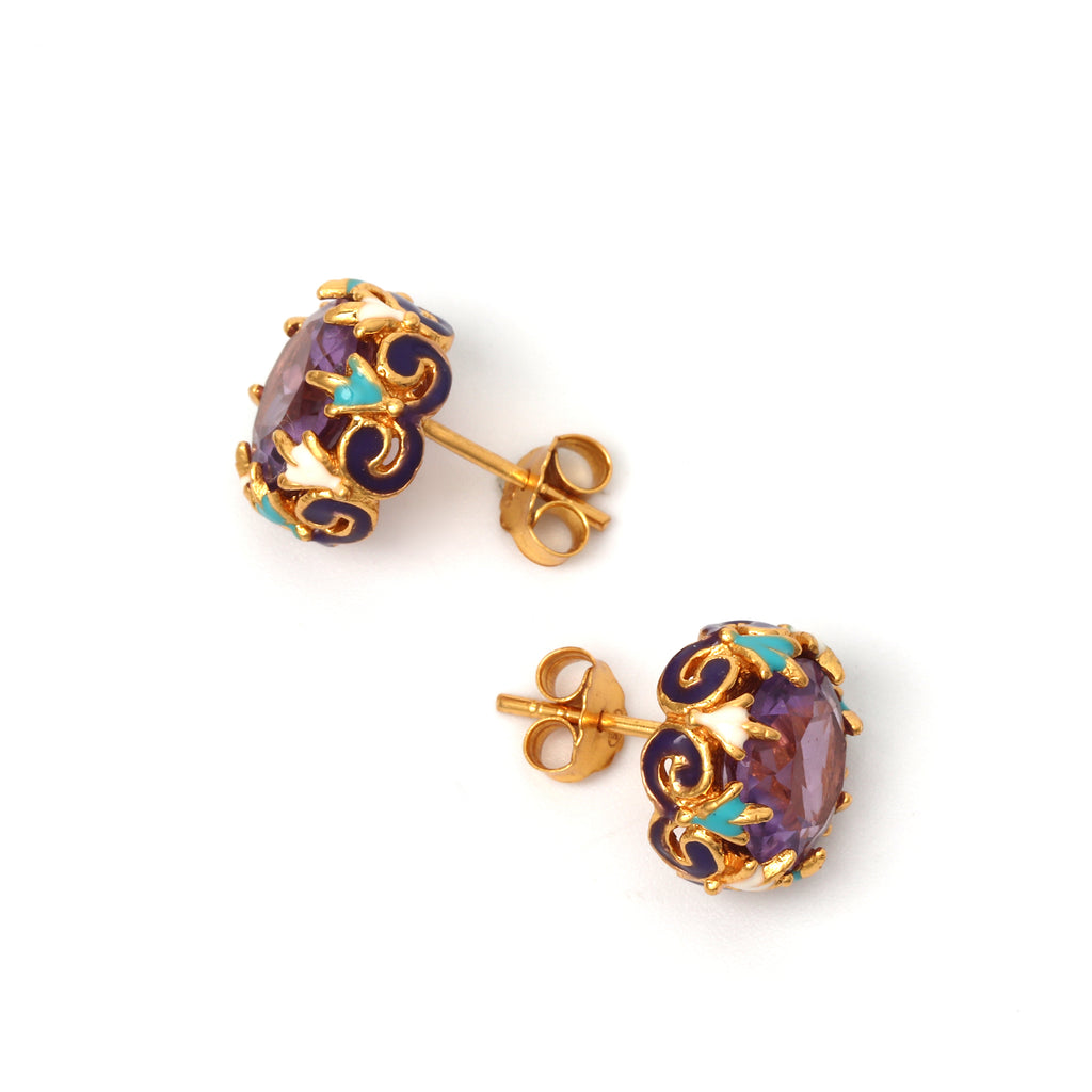 Gold plated amethyst stud earrings handcrafted in Thailand