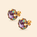 Amethyst stud earrings with gold-tone swirls and turquoise enamel, handcrafted gemstone jewelry