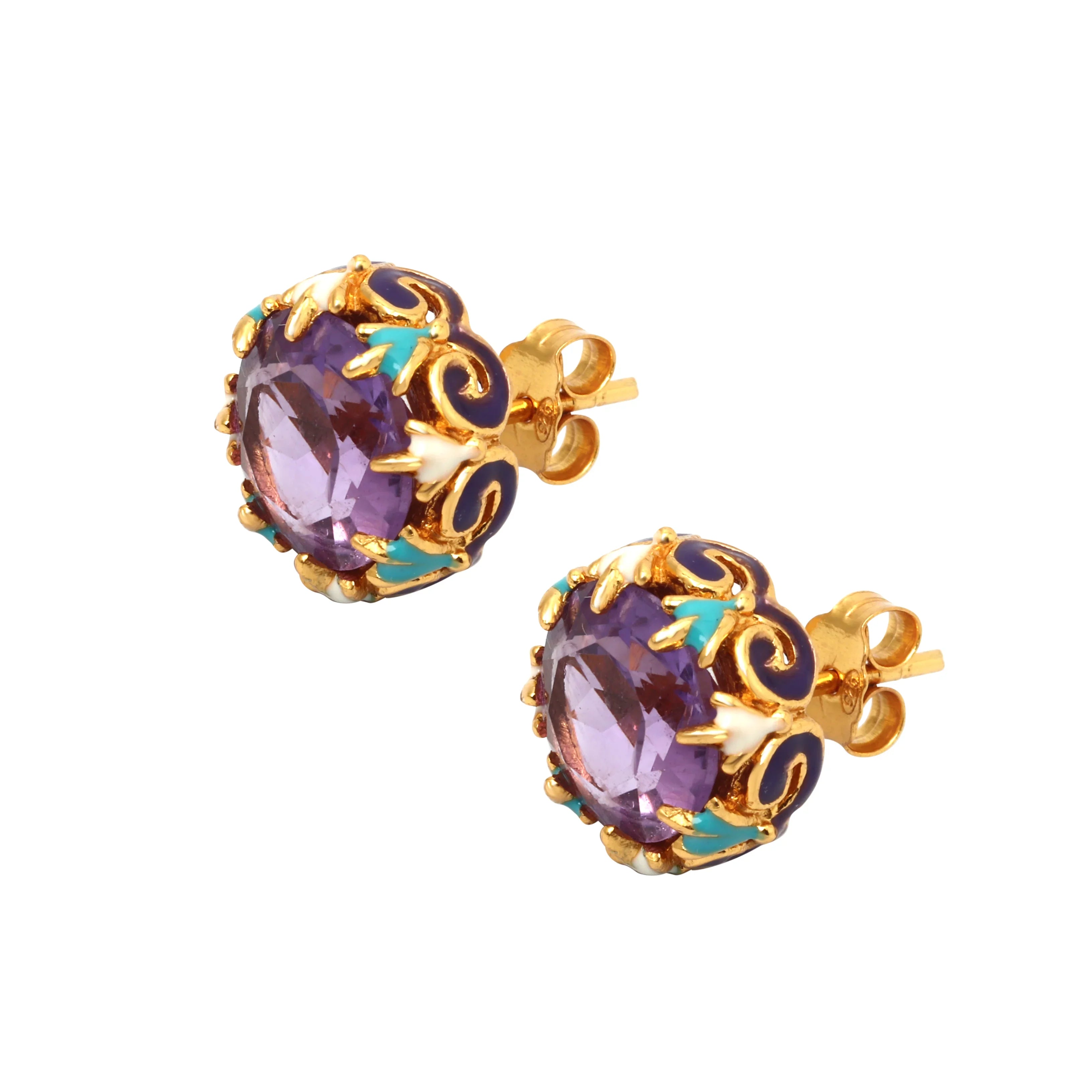 Round amethyst earrings in sterling silver with colorful accents