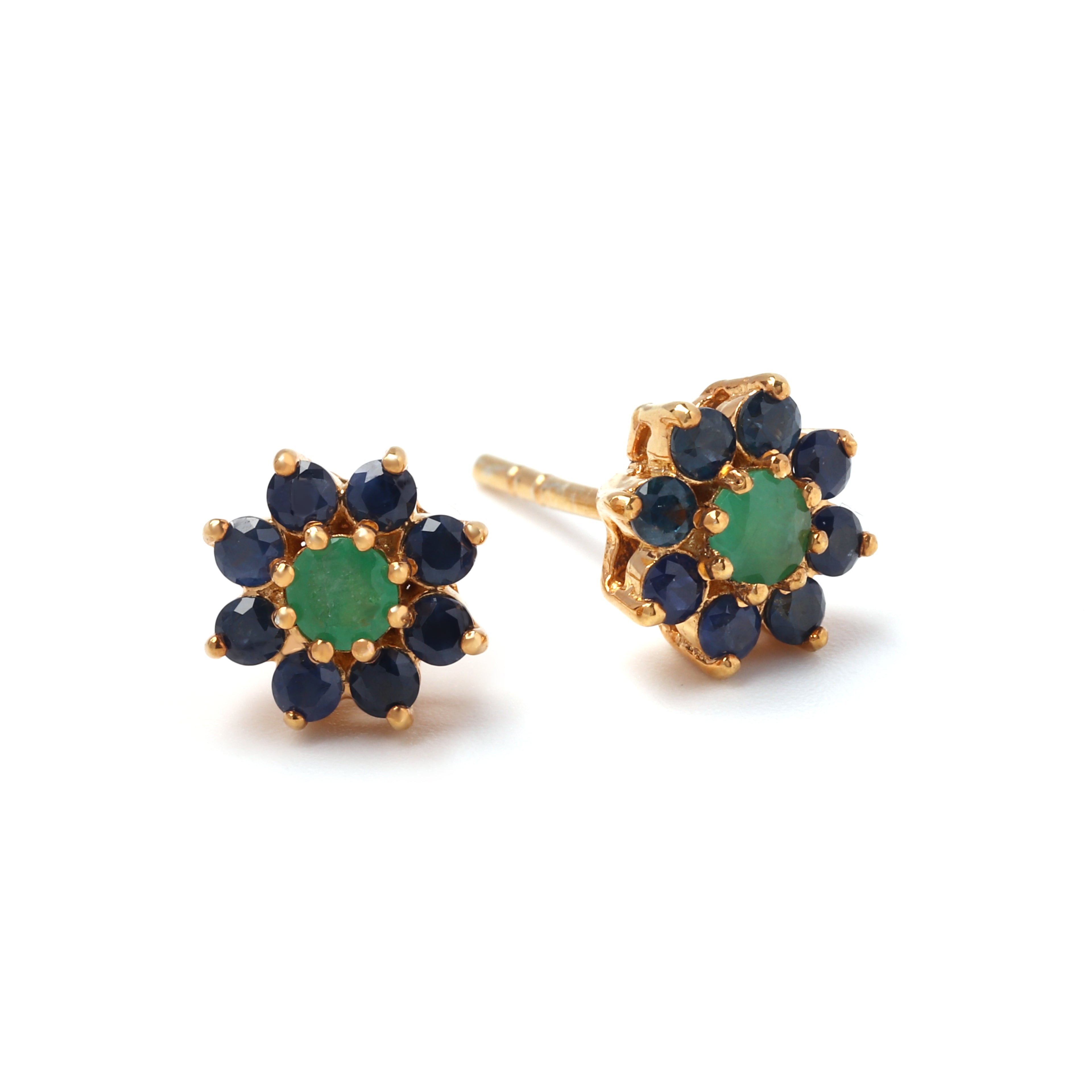 Emerald blue sapphire floral stud earrings in hypoallergenic sterling silver, compact everyday design