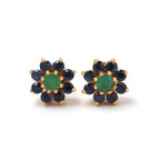 Floral stud earrings with green center & blue sapphire petals in gold setting, handcrafted gemstone jewelry