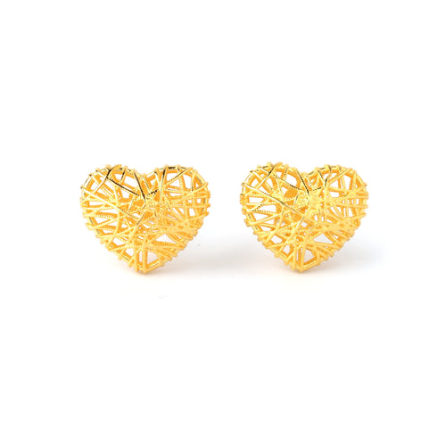 Gold heart-shaped stud earrings with intricate woven design, elegant and timeless jewelry