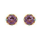 Amethyst stud earrings with gold-tone setting and turquoise accents, handcrafted gemstone jewelry