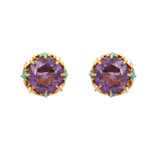 Amethyst stud earrings with gold-tone setting and turquoise accents, handcrafted gemstone jewelry