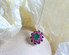 Emerald, Ruby & Blue Sapphire Flower Cluster Pendant in 925 Sterling Silver