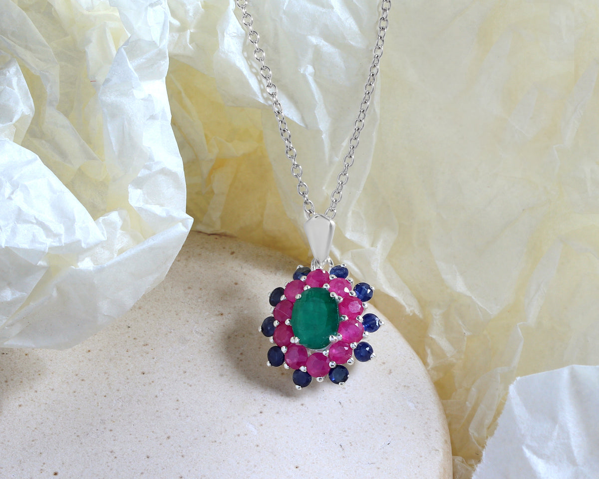Emerald, Ruby & Blue Sapphire Flower Cluster Pendant in 925 Sterling Silver