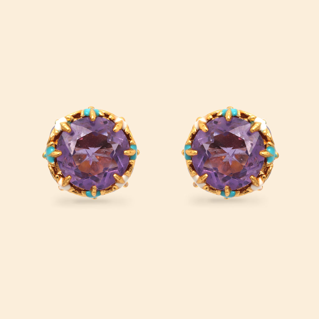 Handcrafted amethyst stud earrings with blue enamel details