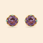 Amethyst stud earrings with turquoise and white accents in gold-tone setting