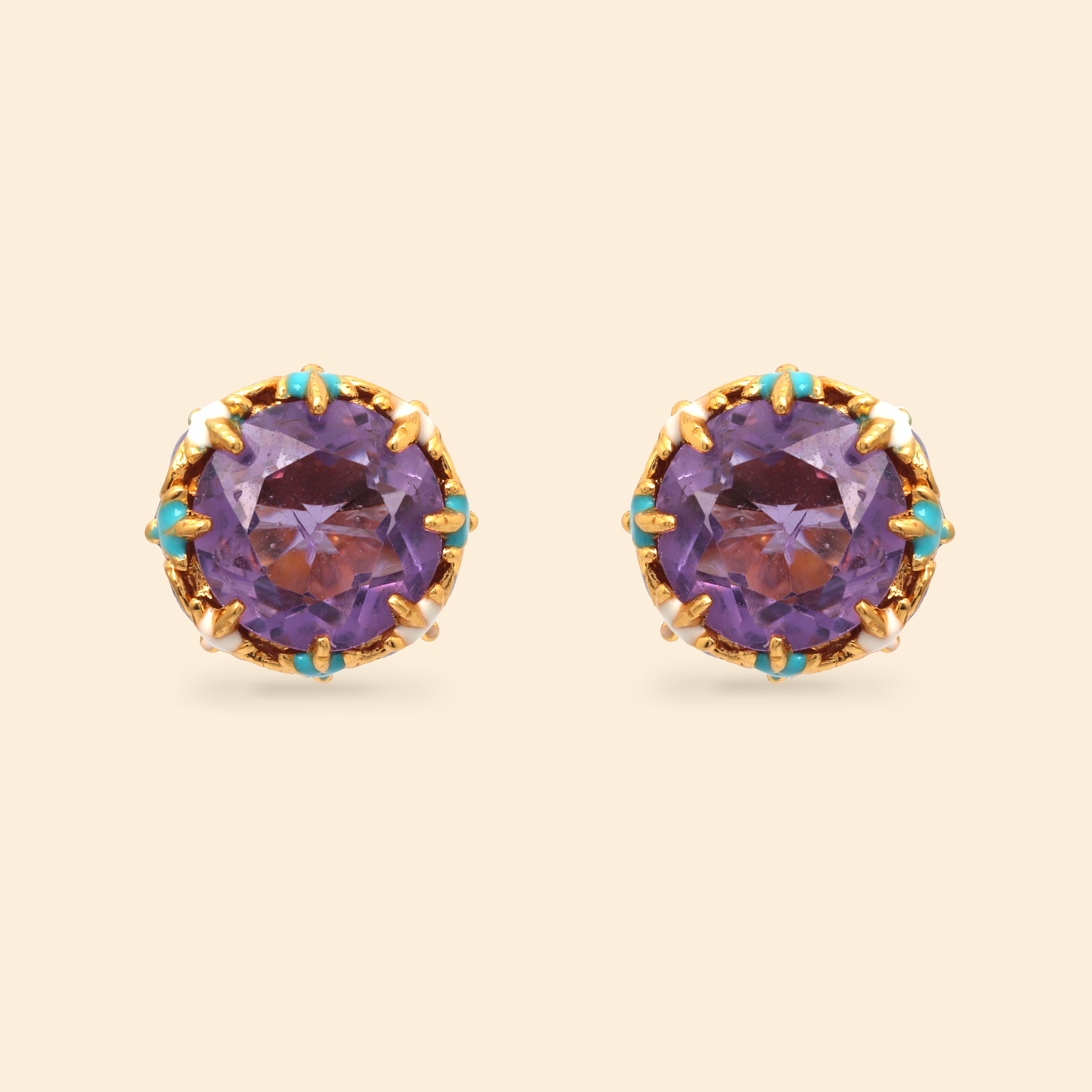 Handcrafted amethyst stud earrings with blue enamel details