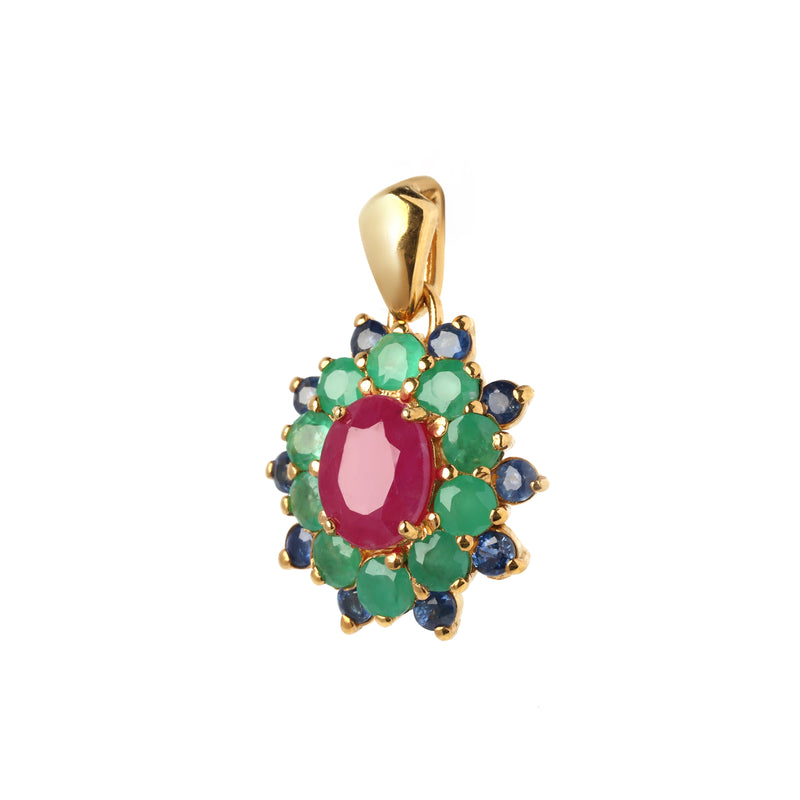 Side angle of ruby silver pendant highlighting gold finish, prong setting, and clustered gemstone detail