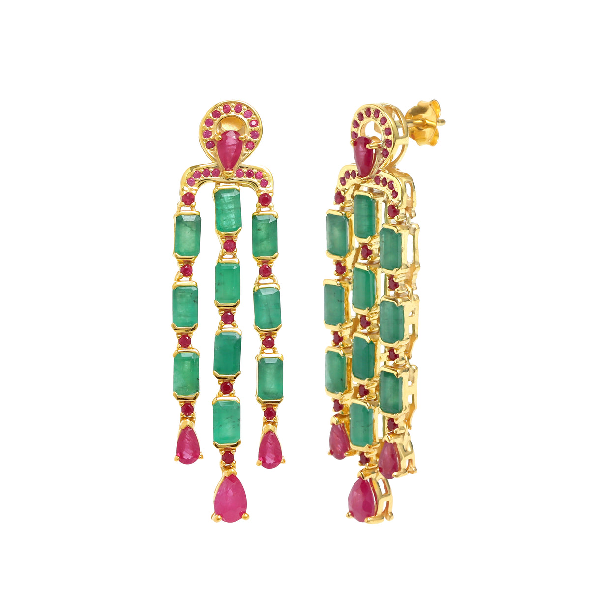 Emerald & Ruby Statement Dangle Earrings in 18K Gold-Plated Sterling Silver