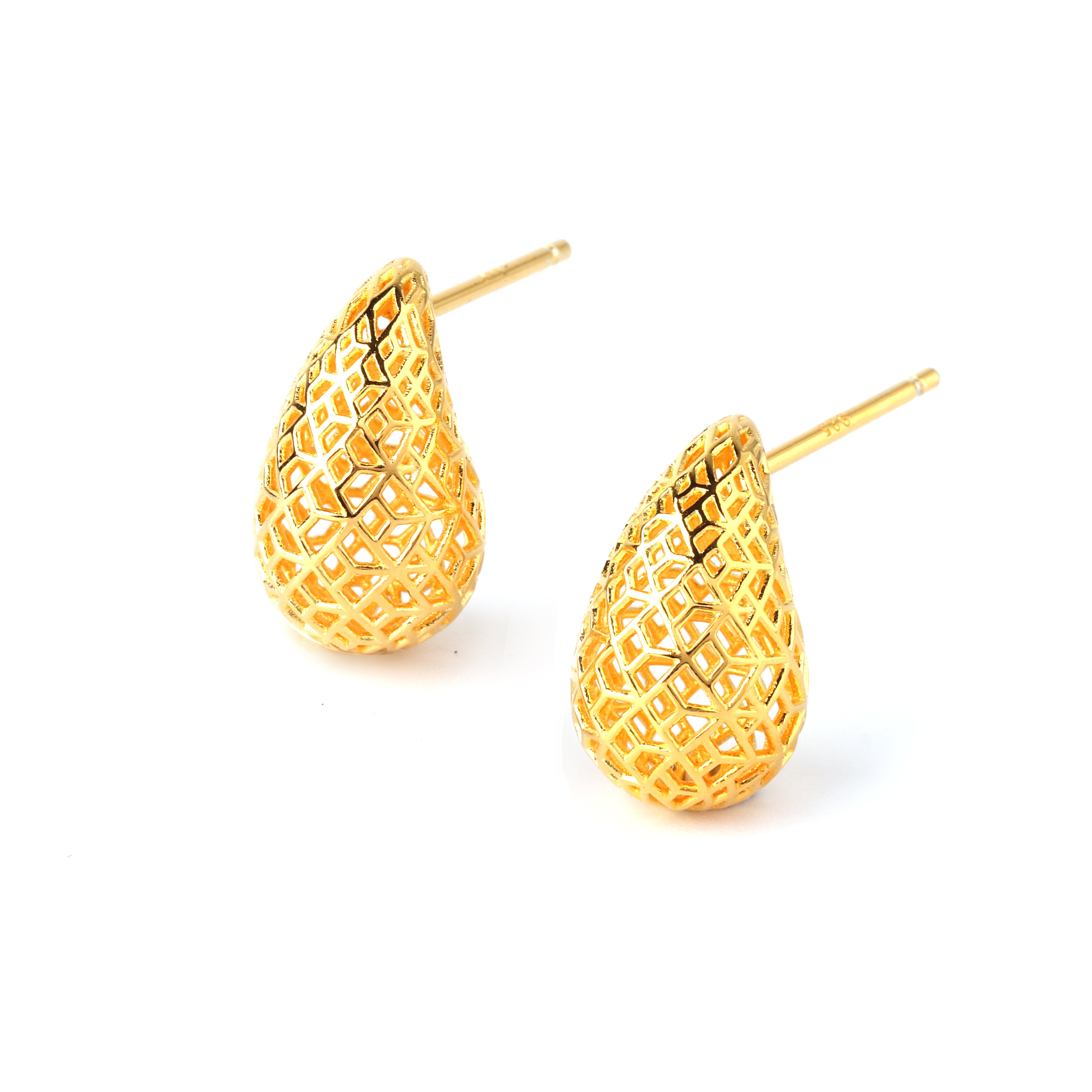 Side view of lightweight gold-plated 925 silver teardrop stud earrings with openwork design