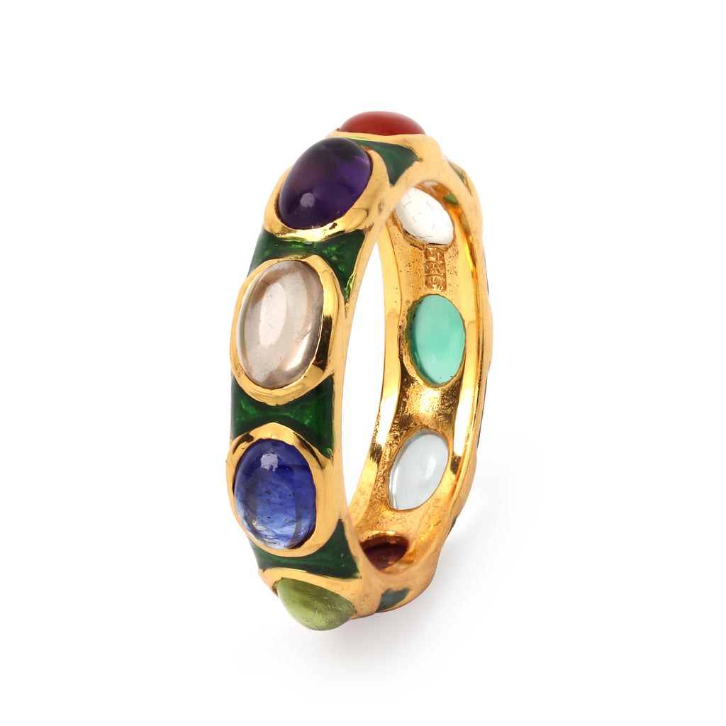 Elegant multi gemstone eternity ring with green enamel detailing