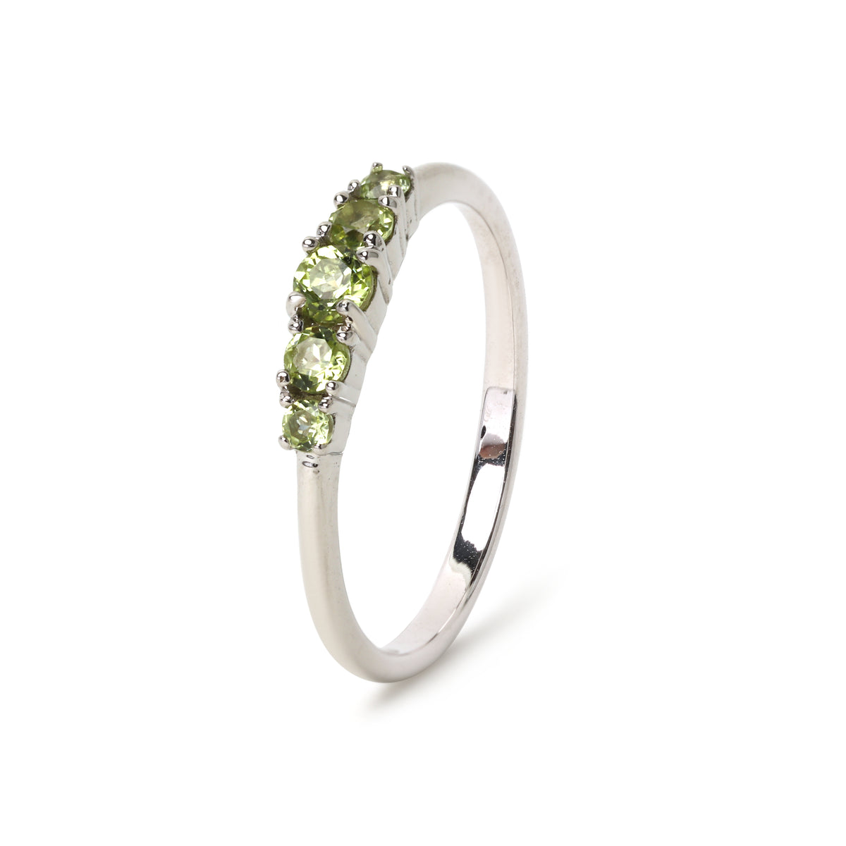 Peridot five stone stacking ring in 18K gold — display view