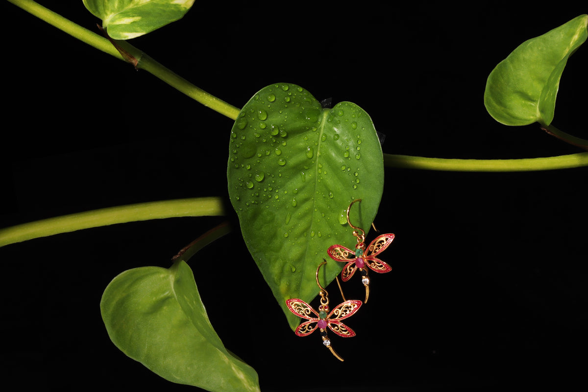 Green heart-shaped leaves with water droplets and small reddish-brown butterfly-shaped flowers on a black background.