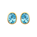 Oval blue topaz stud earrings in gold setting, handcrafted gemstone jewelry