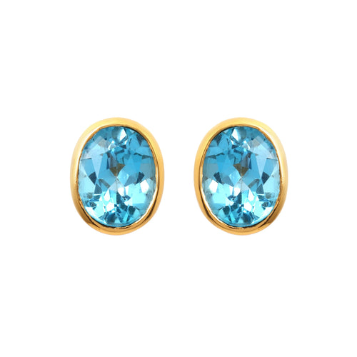 Oval blue topaz stud earrings in gold setting, handcrafted gemstone jewelry
