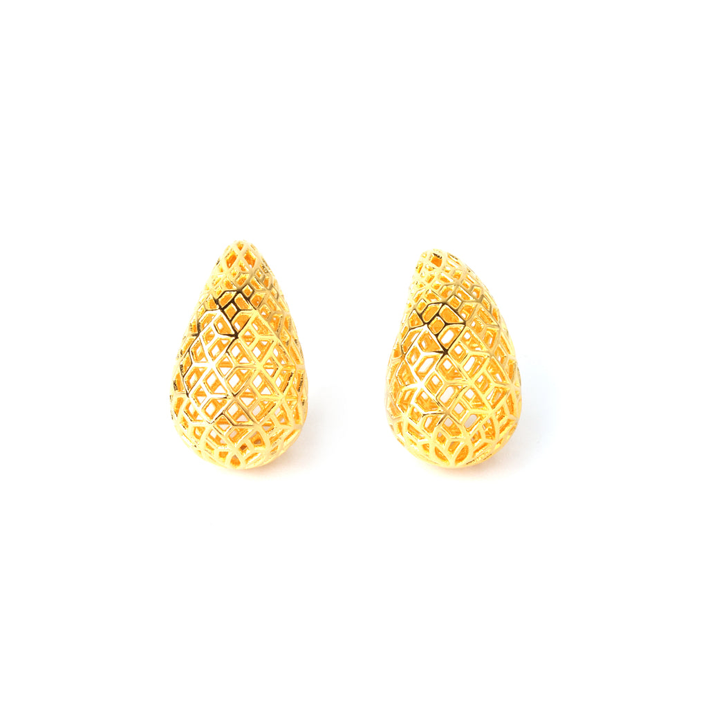 Close-up of honeycomb drop 925 sterling silver gold-plated stud earrings by Jewelry by Crimson