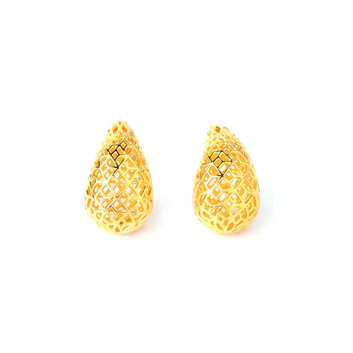 Gold teardrop stud earrings with intricate geometric lattice design, elegant handmade jewelry
