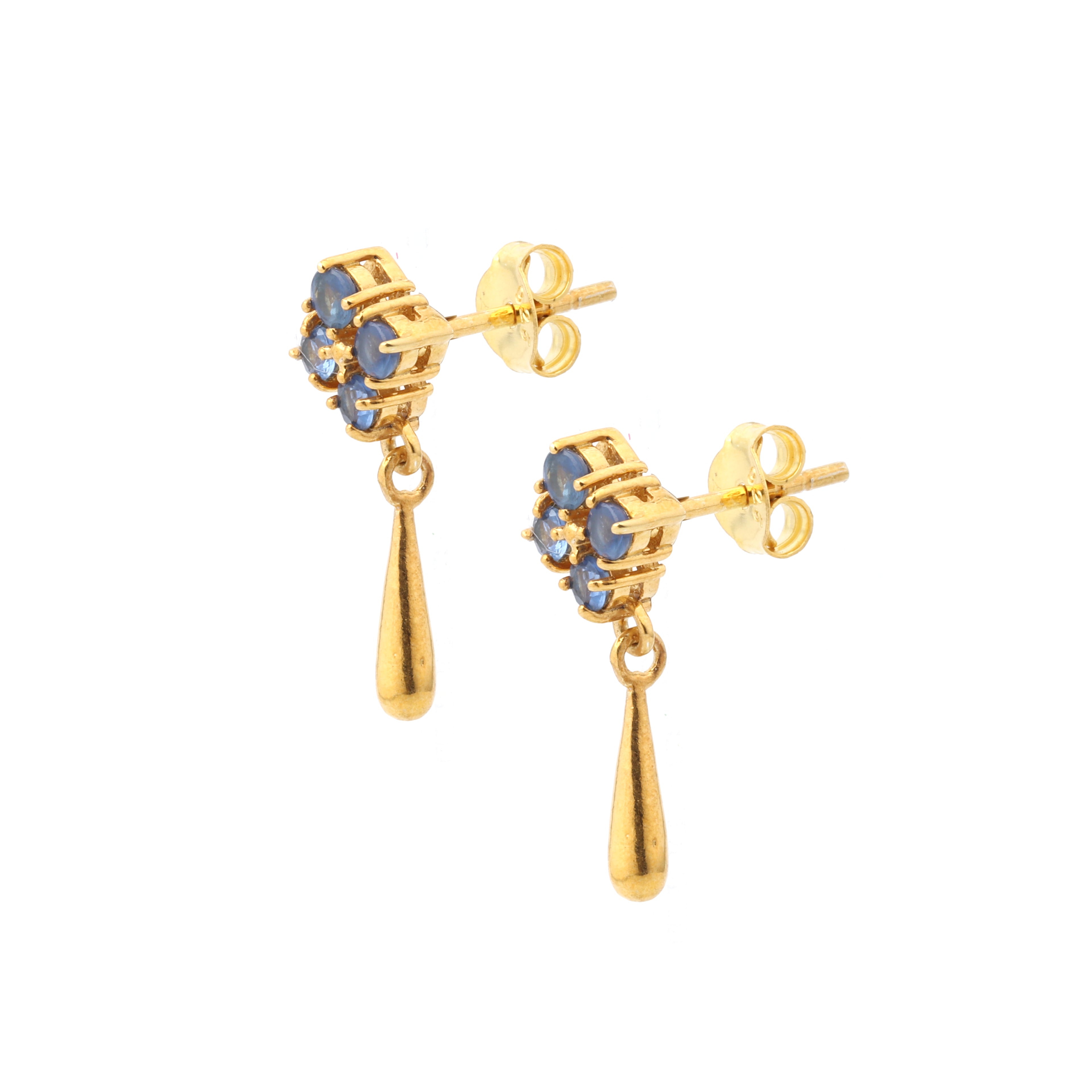 Modern sapphire dangle earrings with polished gold finish