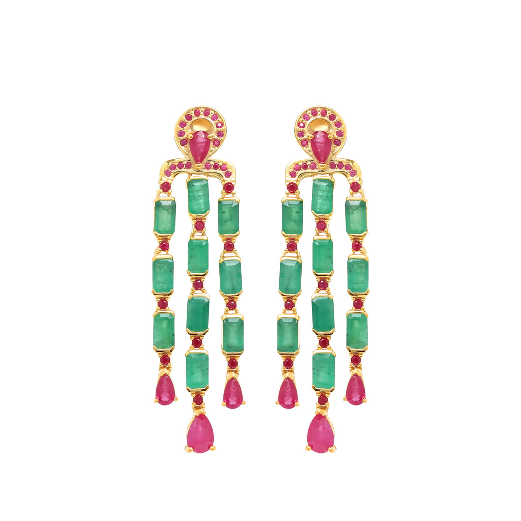 Emerald & Ruby Statement Dangle Earrings in 18K Gold-Plated Sterling Silver