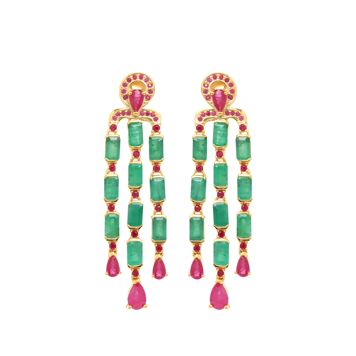 Emerald & Ruby Statement Dangle Earrings in 18K Gold-Plated Sterling Silver