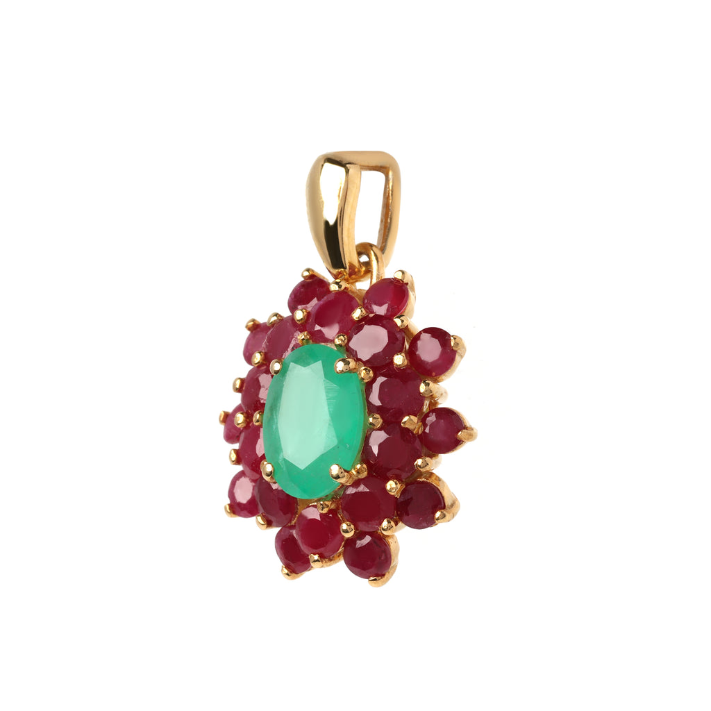 Bloom-inspired emerald ruby pendant in 925 sterling silver, elegant gemstone cluster design