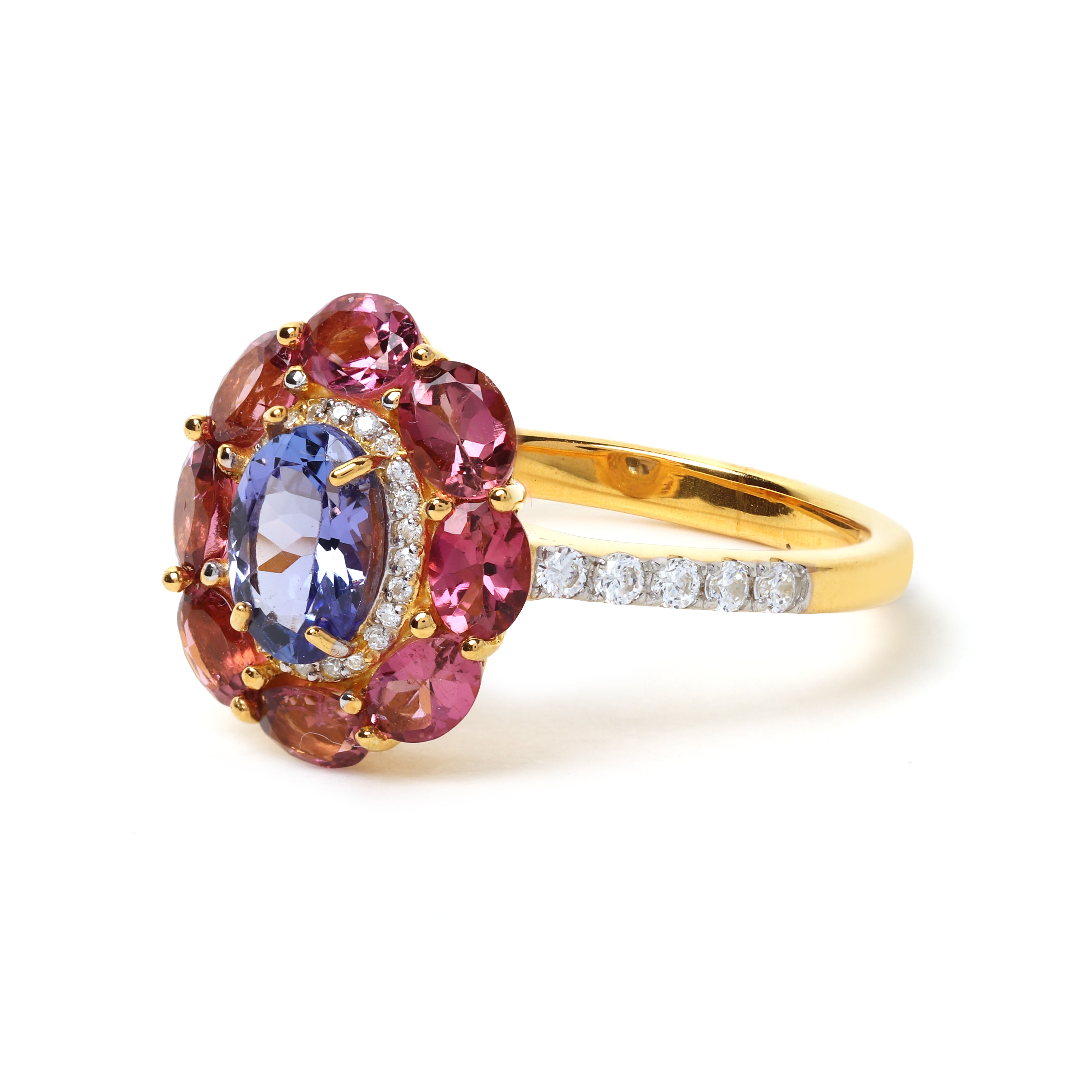Elegant blue tanzanite ring with pink tourmaline halo gemstones
