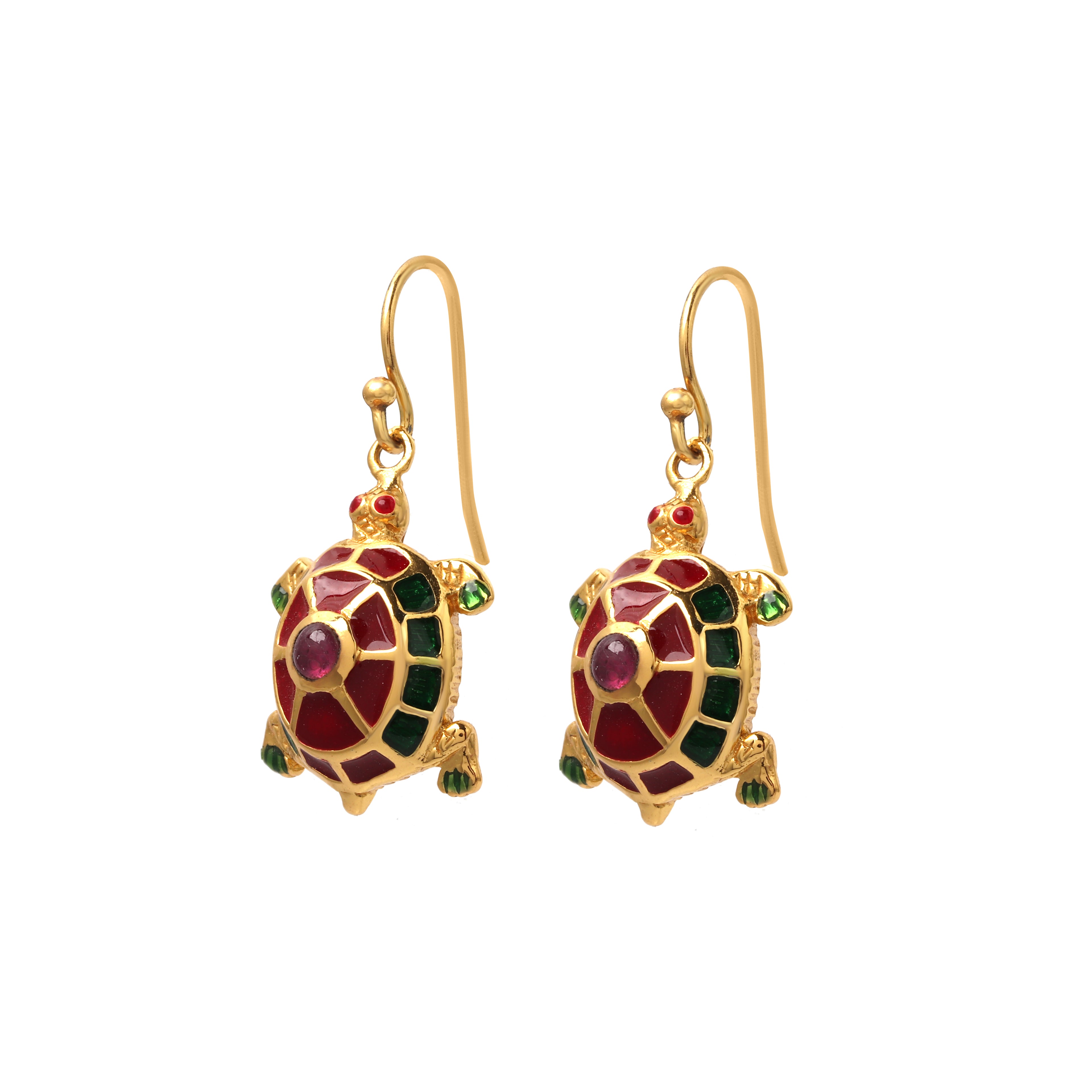 Artisan turtle drop earrings featuring ruby gemstones and sterling silver craftsmanship