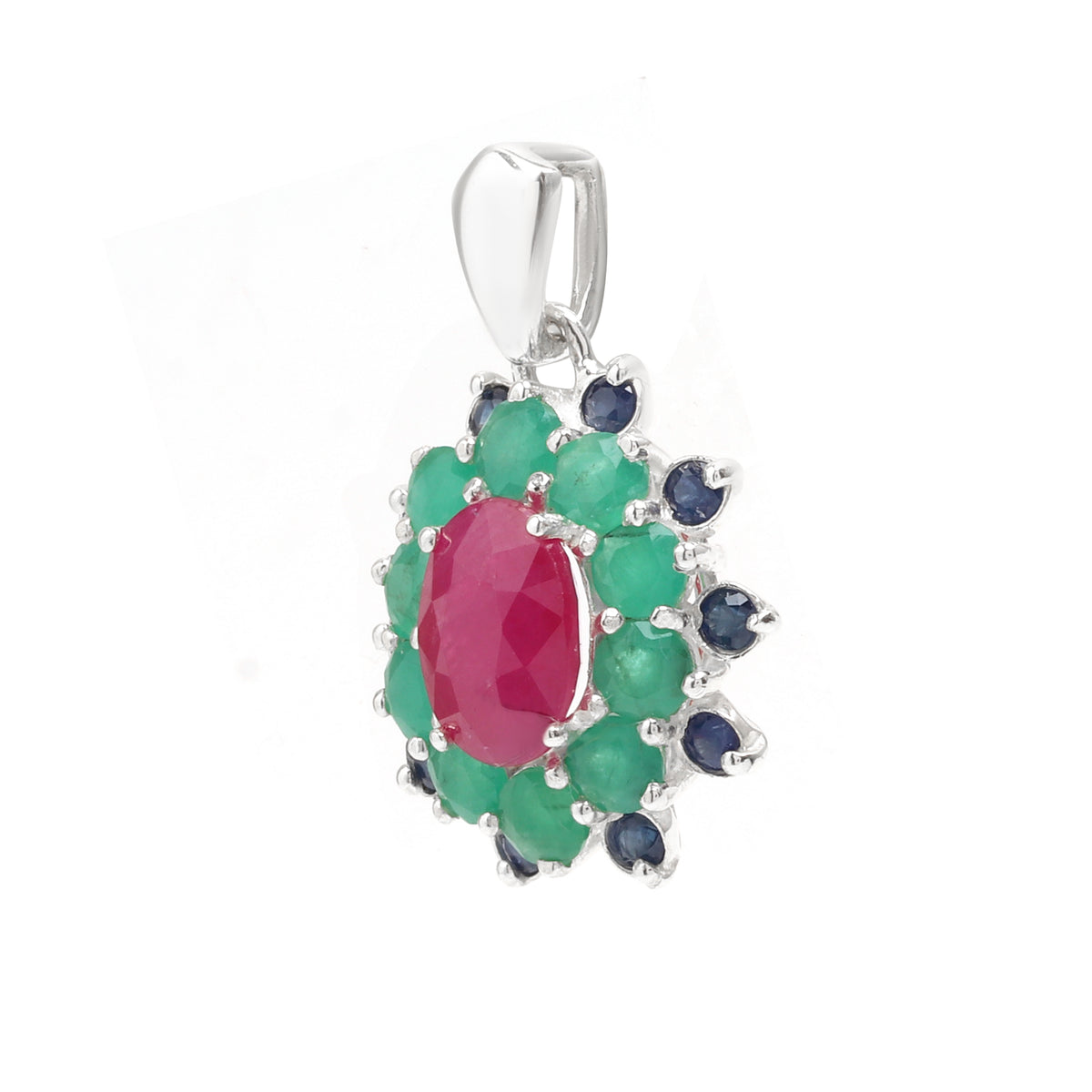 Ruby, Emerald & Blue Sapphire Flower Cluster Pendant in 925 Sterling Silver