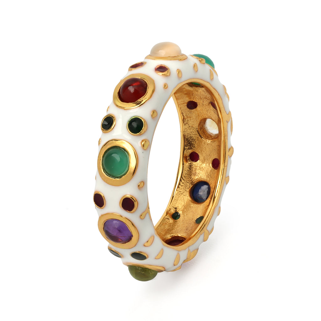 Handcrafted multicolor gemstone ring with white enamel finish