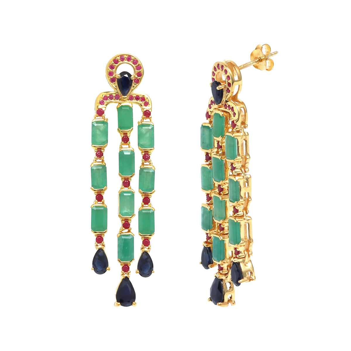Emerald & Blue Sapphire Statement Dangle Earrings in 18K Gold-Plated Sterling Silver