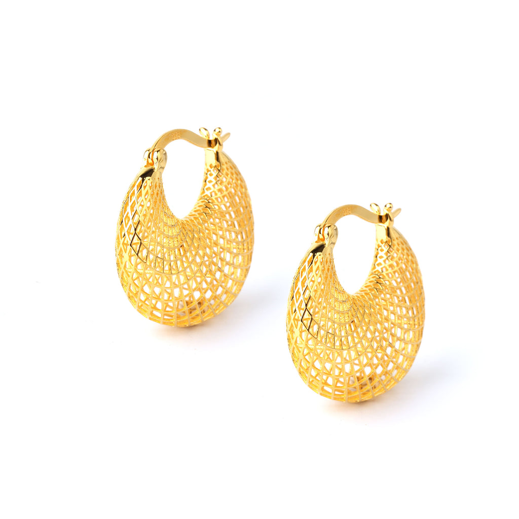 Close-up of gold plated 925 sterling silver honeycomb hoop earrings with lattice design by Jewelry by Crimson