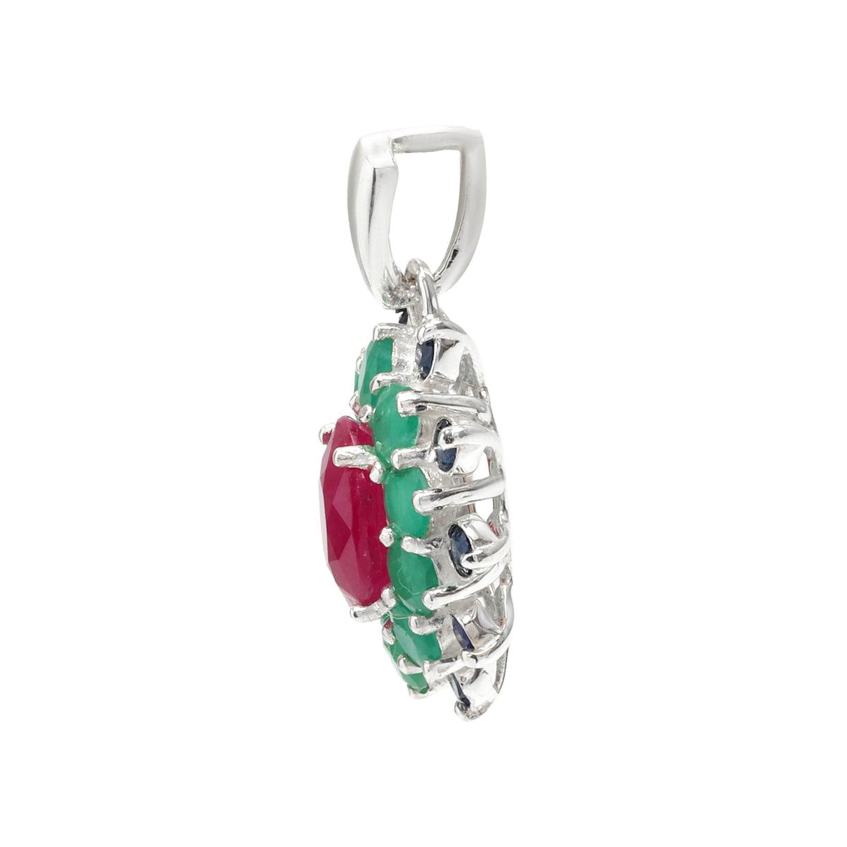 Ruby, Emerald & Blue Sapphire Flower Cluster Pendant in 925 Sterling Silver