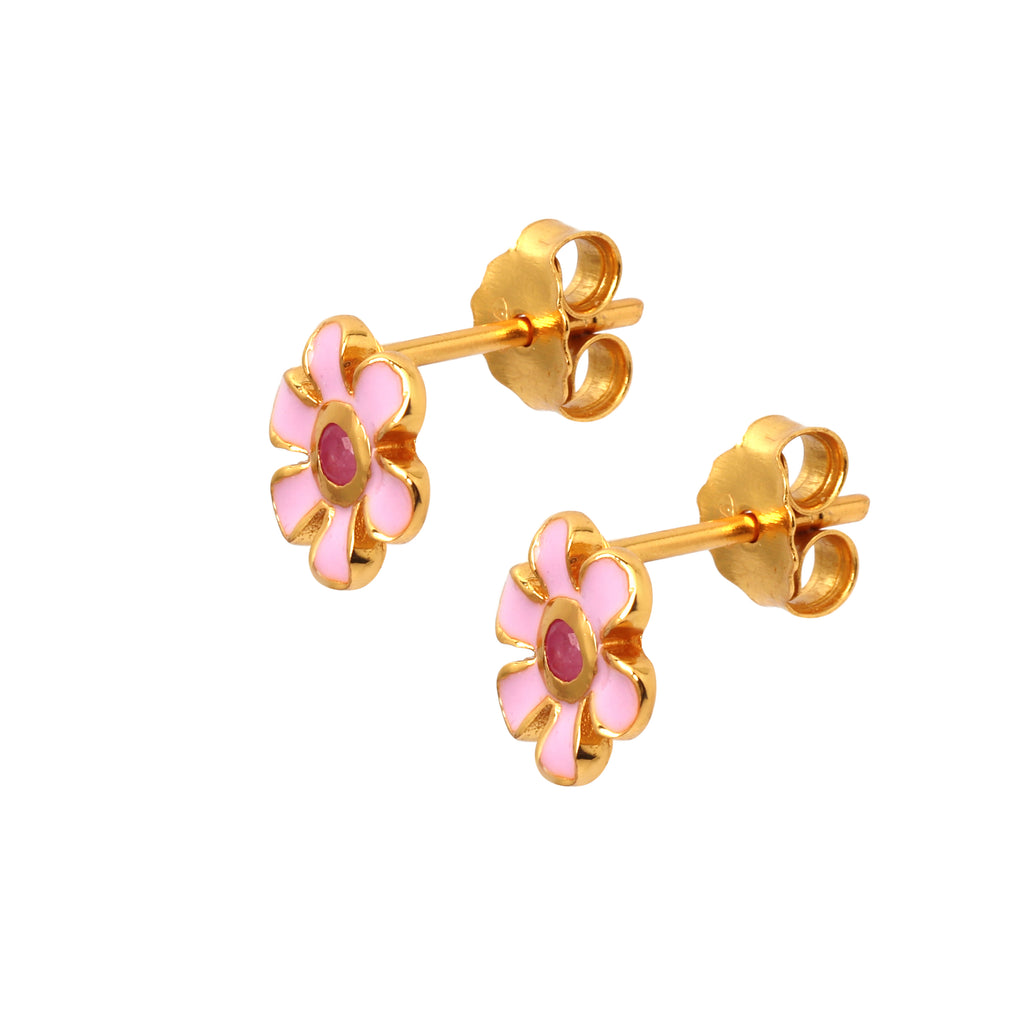 Pink enamel flower earrings with natural ruby center stone