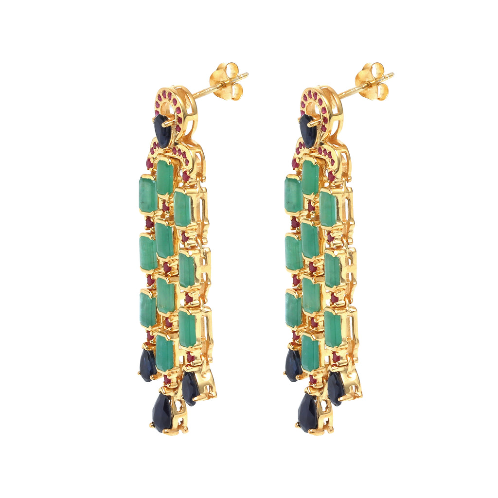 Emerald & Blue Sapphire Statement Dangle Earrings in 18K Gold-Plated Sterling Silver
