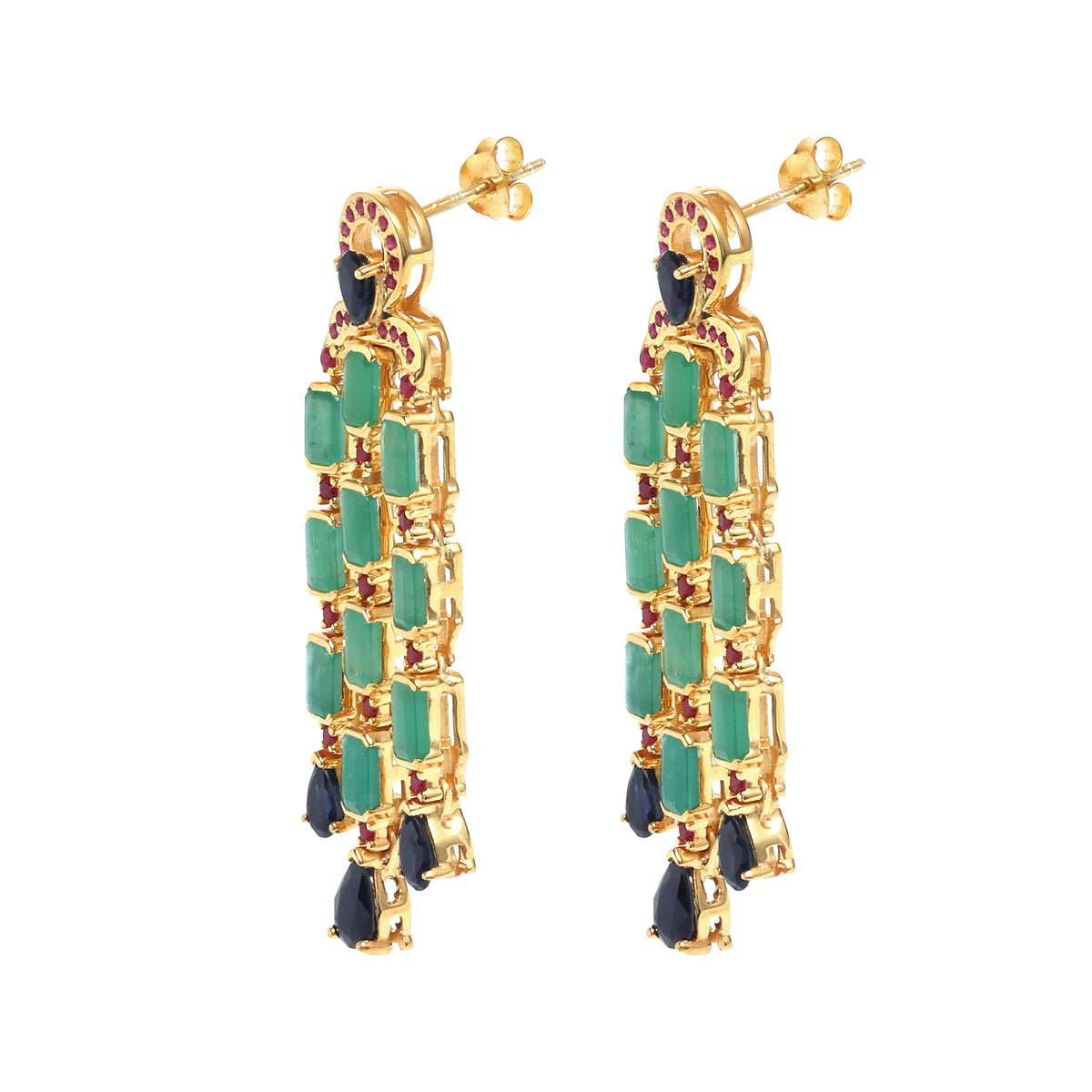 Emerald & Blue Sapphire Statement Dangle Earrings in 18K Gold-Plated Sterling Silver