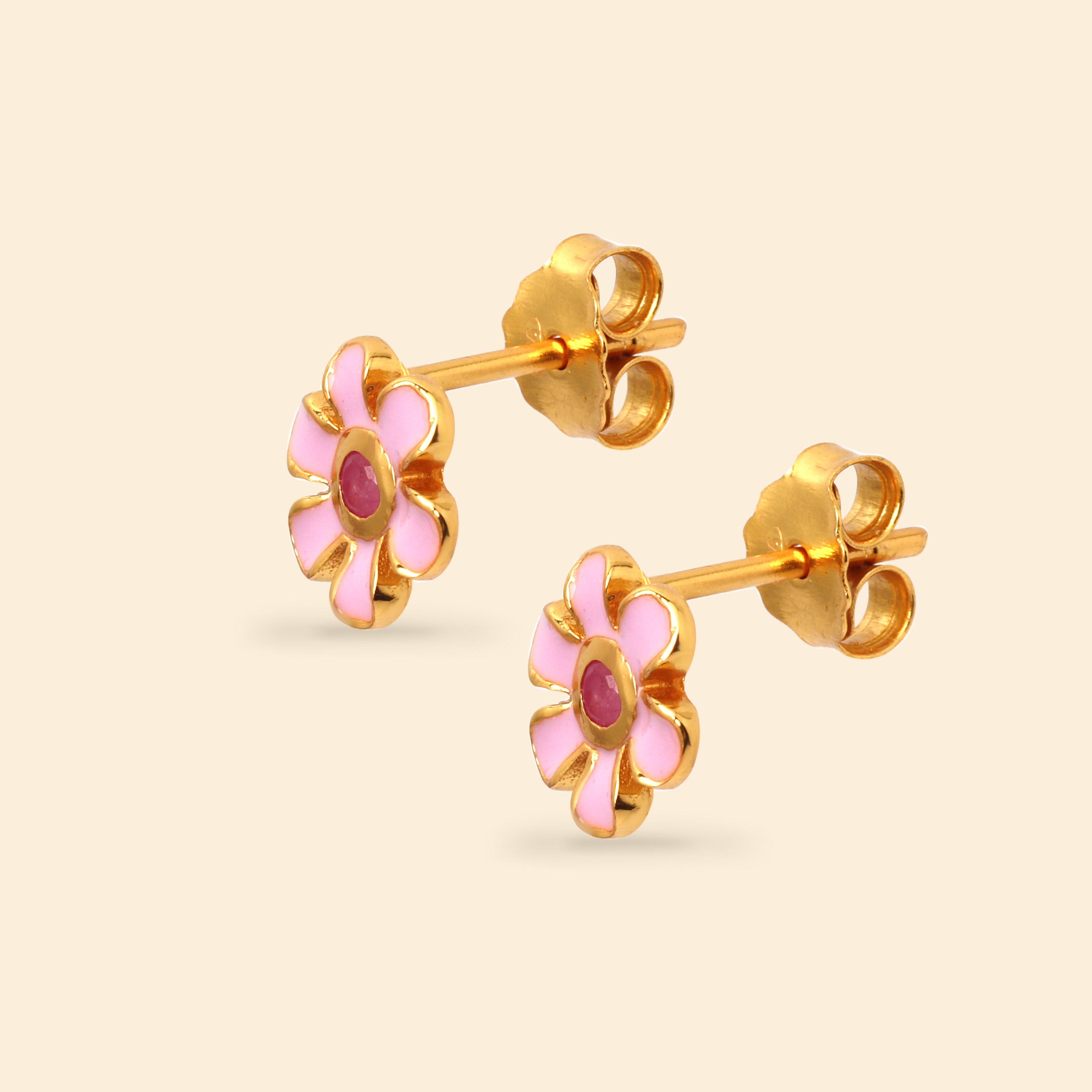 Feminine floral gemstone stud earrings with gold plating