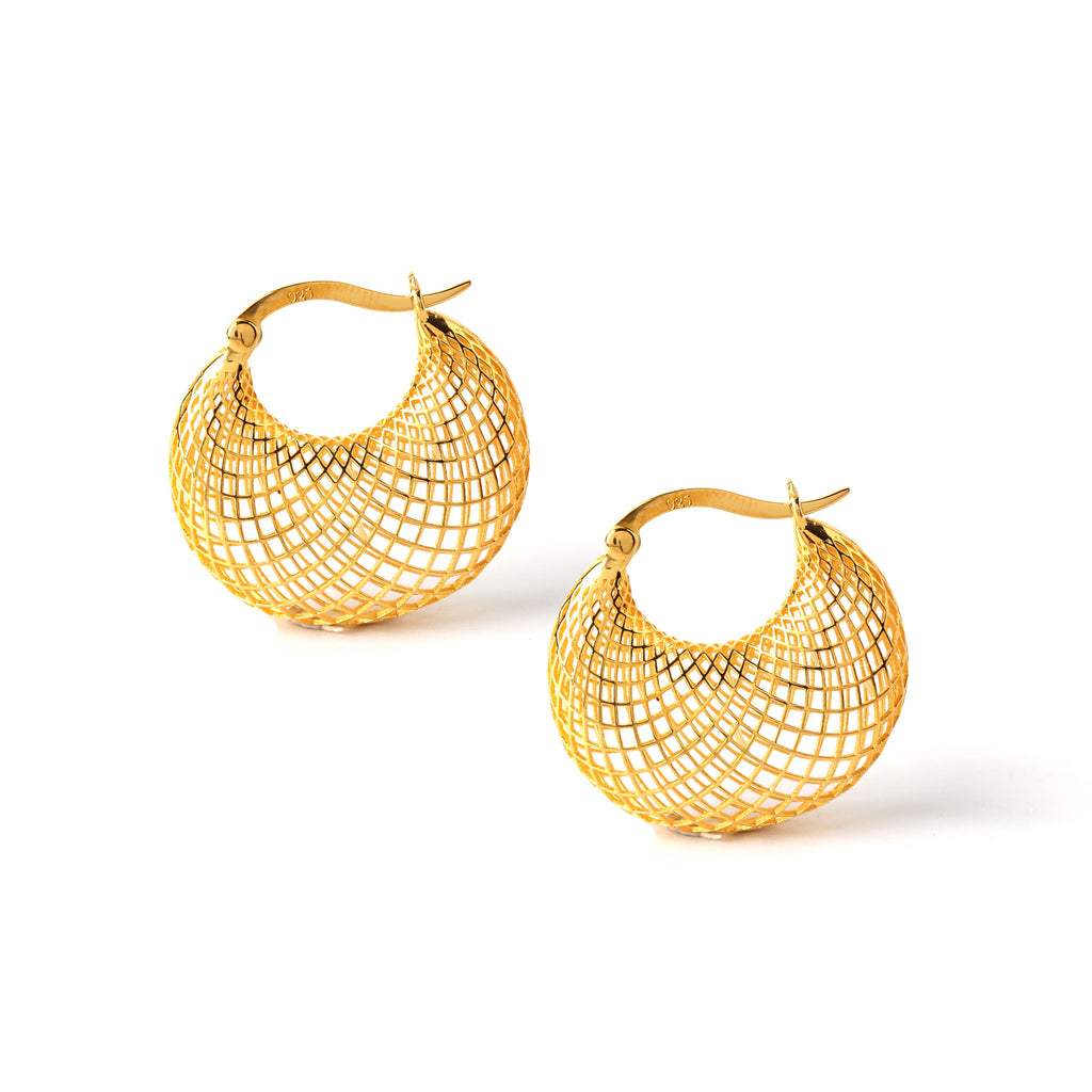 Close-up of gold plated 925 sterling silver honeycomb hoop earrings with lattice design by Jewelry by Crimson