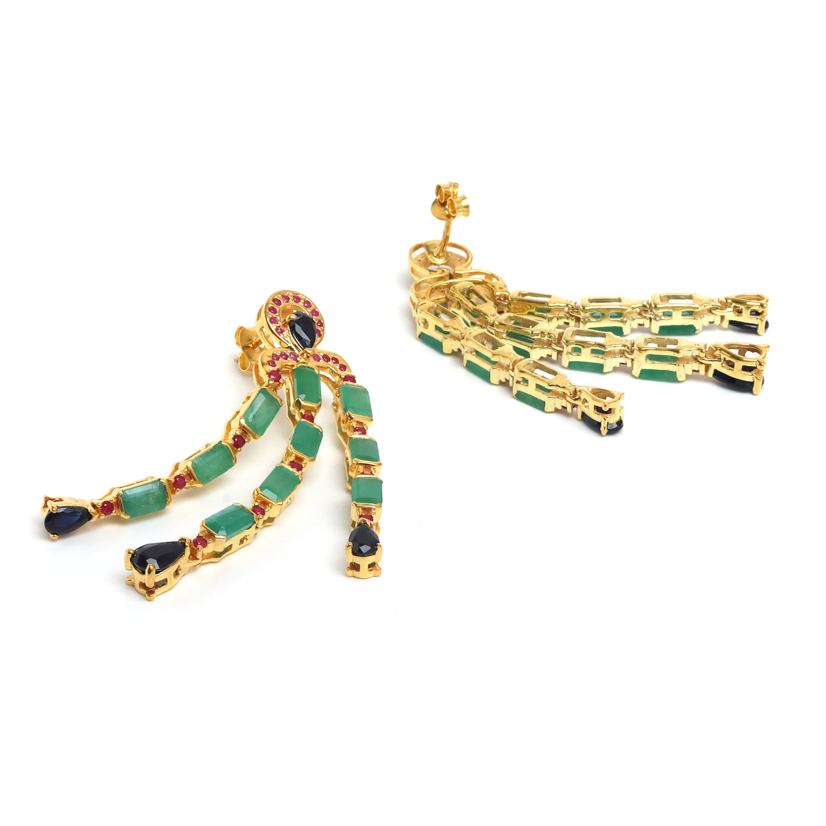 Emerald & Blue Sapphire Statement Dangle Earrings in 18K Gold-Plated Sterling Silver