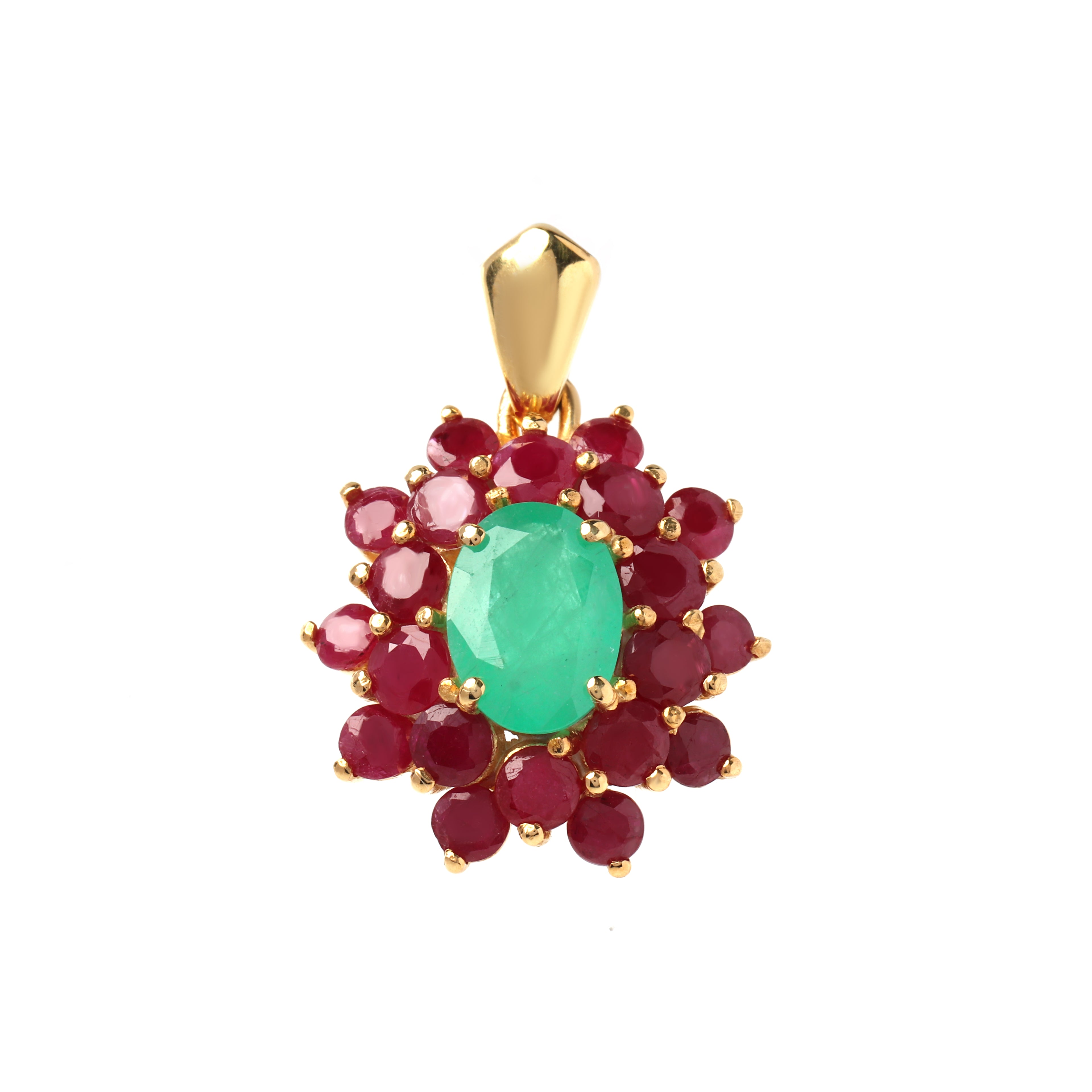 Front view emerald and ruby pendant in 925 sterling silver, floral cluster design, Jewelry by Crimson
