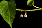A pair of gold rose-shaped dangle earrings hanging from a green stem against a solid black background.