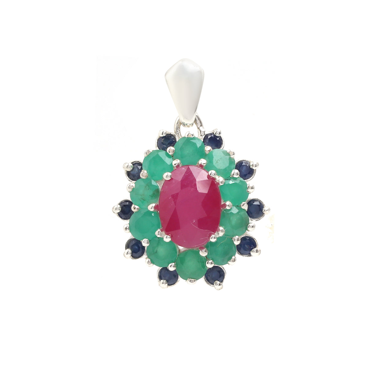 Ruby, Emerald & Blue Sapphire Flower Cluster Pendant in 925 Sterling Silver